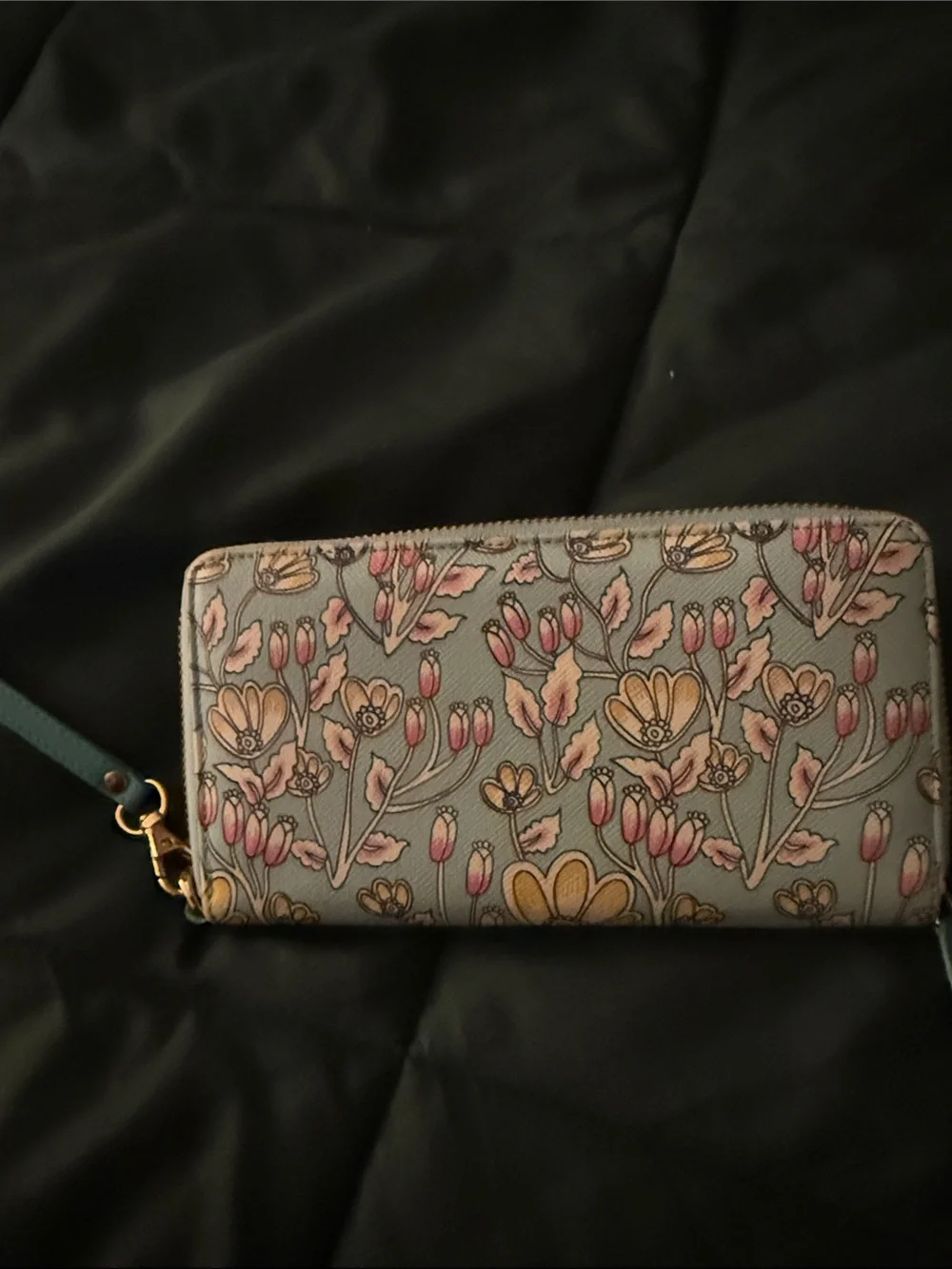 Floral Zip Wallet Wristlet in Light Blue with Pink & Yellow Accents